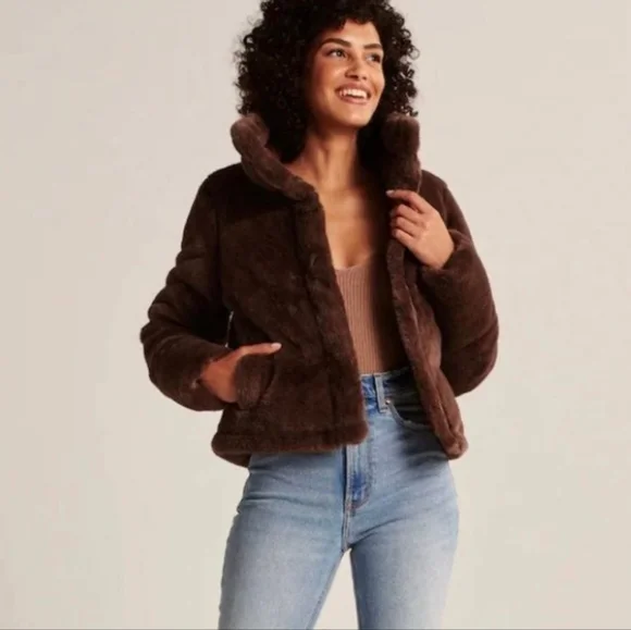 🤎EUC Abercrombie & Fitch Mini Puffer Cropped Faux Fur Coat, Brown, Small - Picture 2 of 16